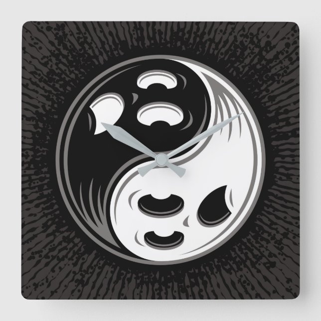 Ghost Yin Yang Black and White Square Wall Clock (Front)