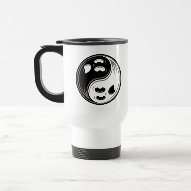 Ghost Yin Yang Black and White Travel Mug (Left)
