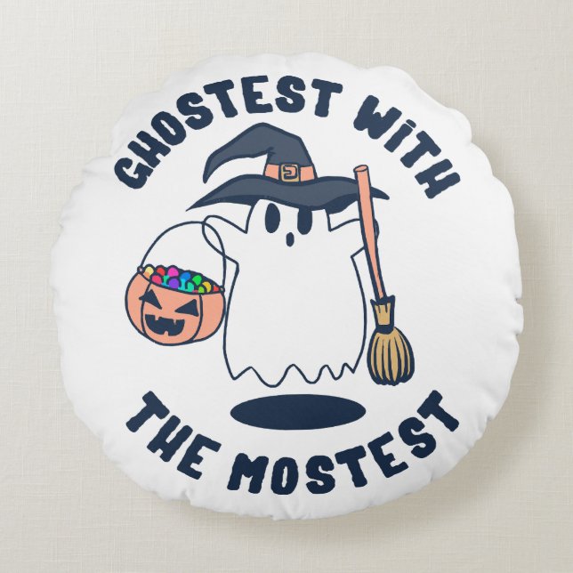 Ghostest Funny Spooky Witch Round Cushion (Front)