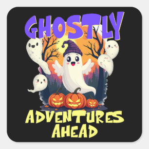 Ghostly Adventures Ahead, Halloween Party Cartoon Square Sticker