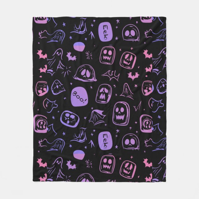 Ghostly Bats & Eerie Faces Halloween Black Fleece Blanket (Front)