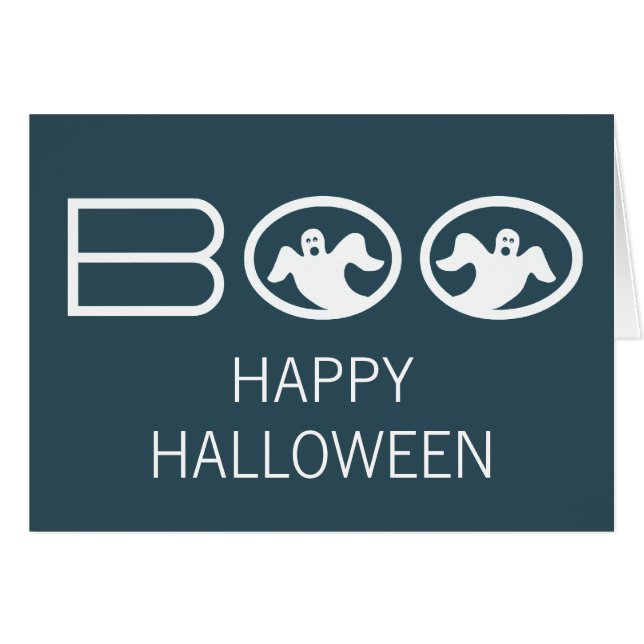 Ghostly Boo Halloween Card, Blue and White (Front Horizontal)