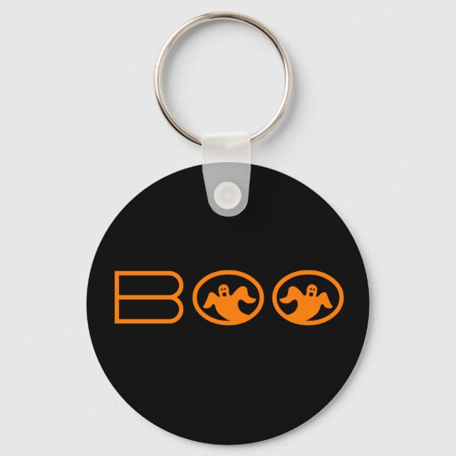 Ghostly Boo Halloween Keychain, Black and Orange Key Ring (Front)