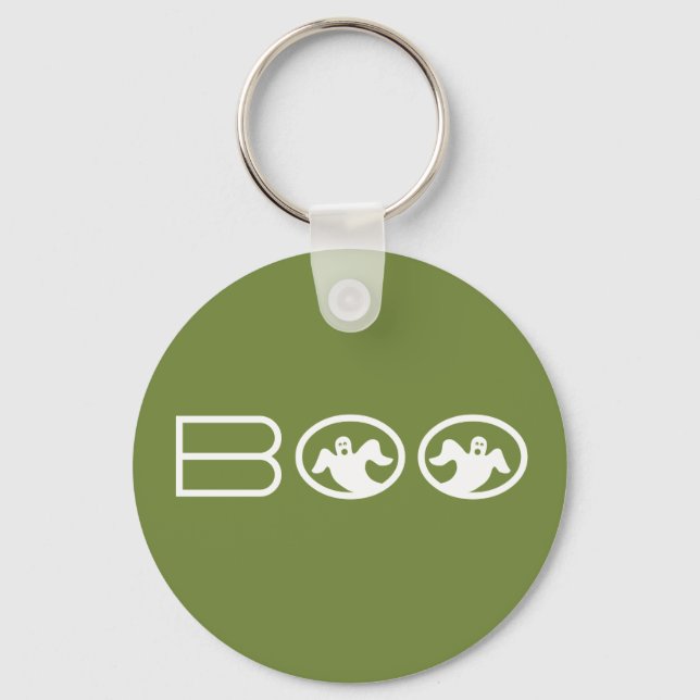 Ghostly Boo Halloween Keychain, Green and White Key Ring (Front)