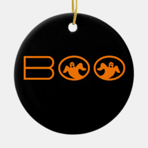Ghostly Boo Halloween Ornament, Black and Orange Ceramic Tree Decoration