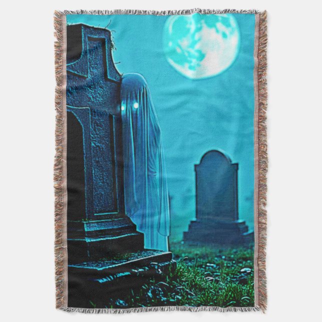 Ghostly Figure in a Graveyard Design Throw Blanket (Front Vertical)