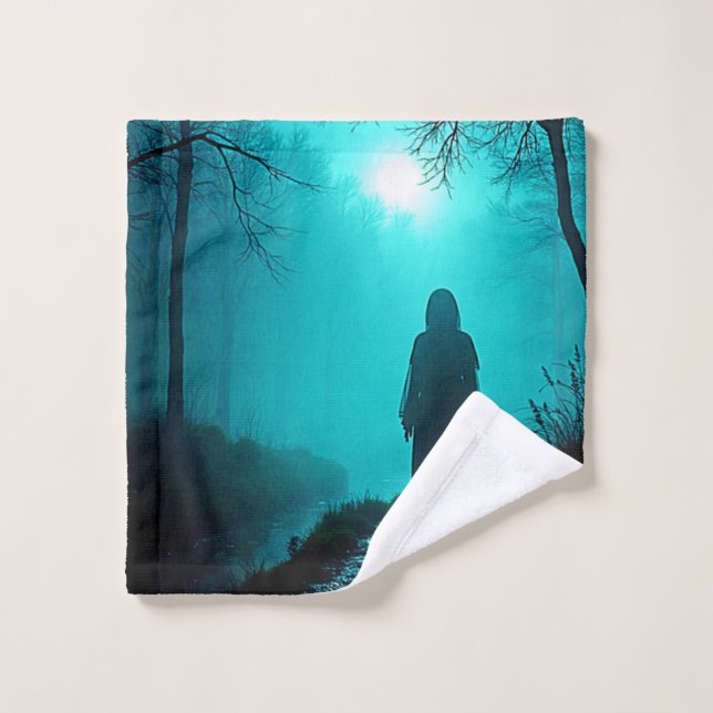 Ghostly Figure in Haunted Woods Design Bath Towel Set (Wash Cloth)