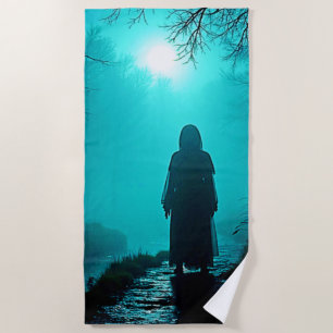 Ghostly Figure in Haunted Woods Design Beach Towel