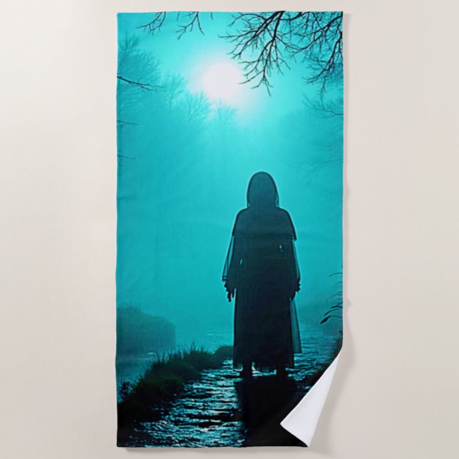 Ghostly Figure in Haunted Woods Design Beach Towel (Front)