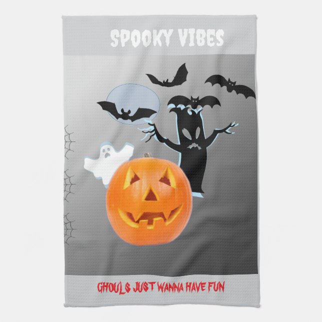 Ghostly Glow "Spooky Vibes" Halloween Tea Towel (Vertical)