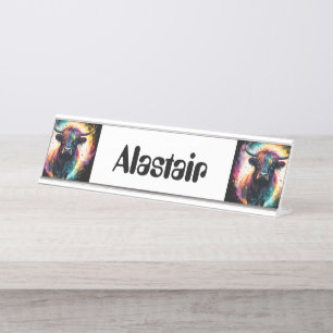 Ghostly Grace: Spectral Holographic Highland Cow, Desk Name Plate
