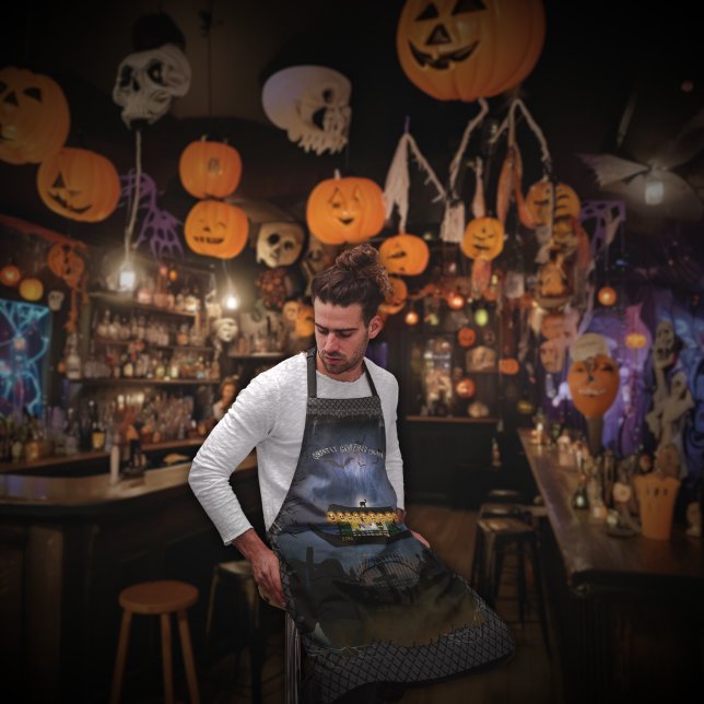 Ghostly Graveyard Cruise Apron (A barman wears a Ghostly Graveyard Cruise Apron. )