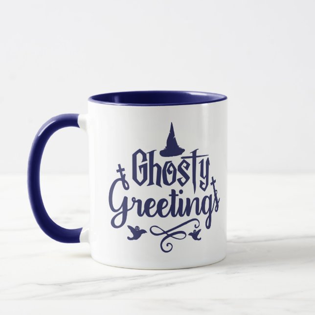 Ghostly Greetings Dark Blue and White Halloween Mug (Left)