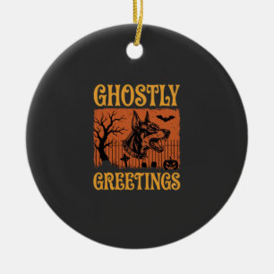 Ghostly Greetings Halloween Doberman Cemetery Desi Ceramic Tree Decoration