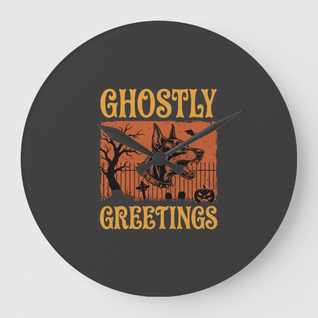 Ghostly Greetings Halloween Doberman Cemetery Desi Large Clock (Front)