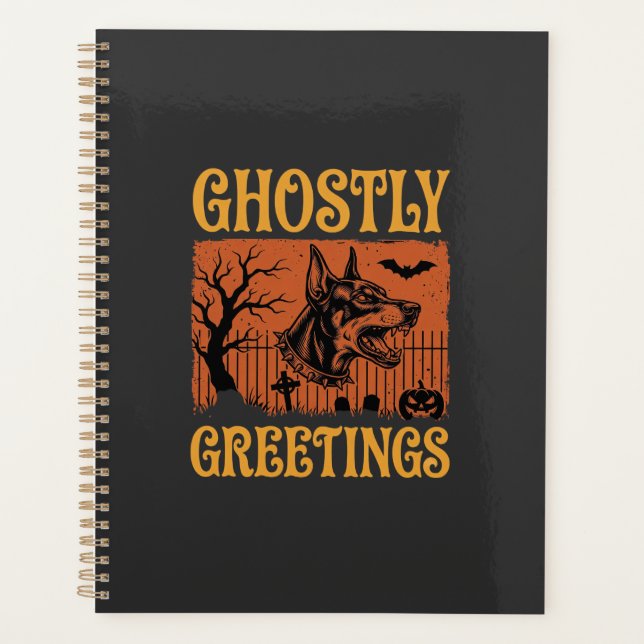 Ghostly Greetings Halloween Doberman Cemetery Desi Planner (Front)