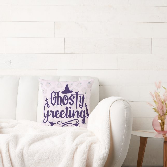 Ghostly Greetings Pale Pink Halloween Cushion (Couch)
