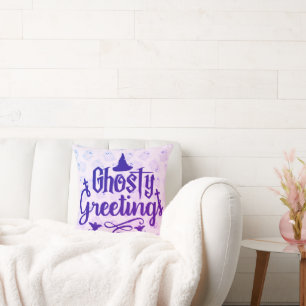 Ghostly Greetings Pale Purple Halloween Cushion