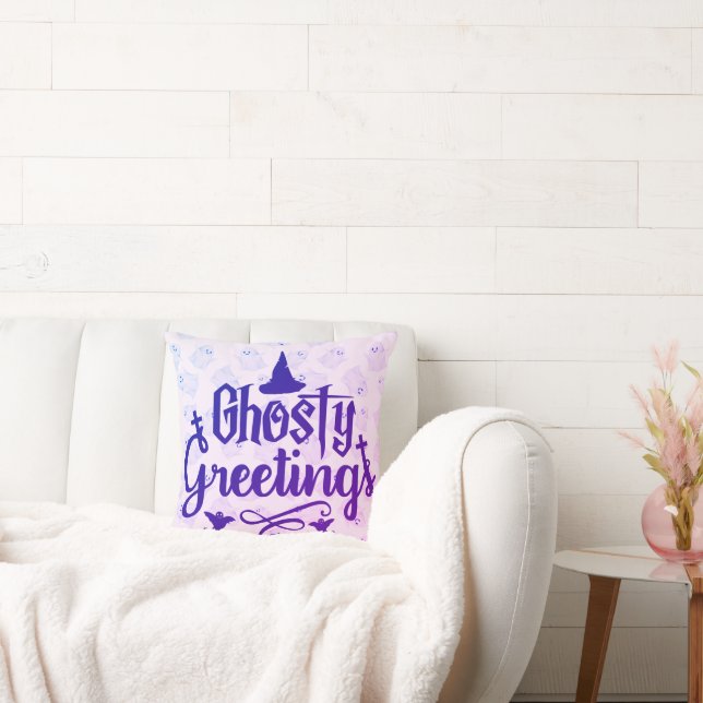 Ghostly Greetings Pale Purple Halloween Cushion (Couch)