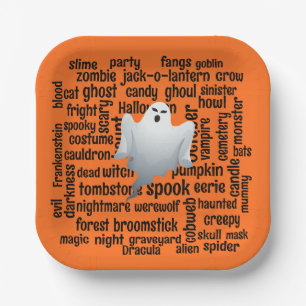 Ghostly Halloween Word Cloud Paper Plate