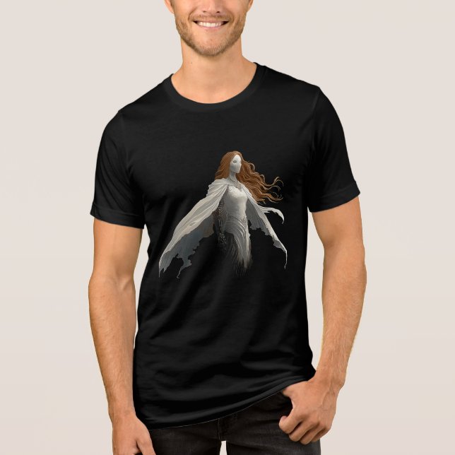 Ghostly Lady in White with Fiery Hair Tri-Blend Shirt (Front)