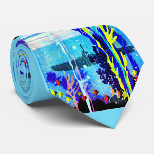 ghostly submarine in tropical waters print tie