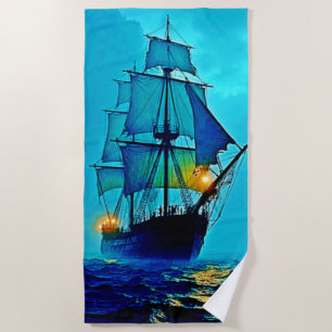 Ghostly Tall Ship Sea Voyage Design Beach Towel