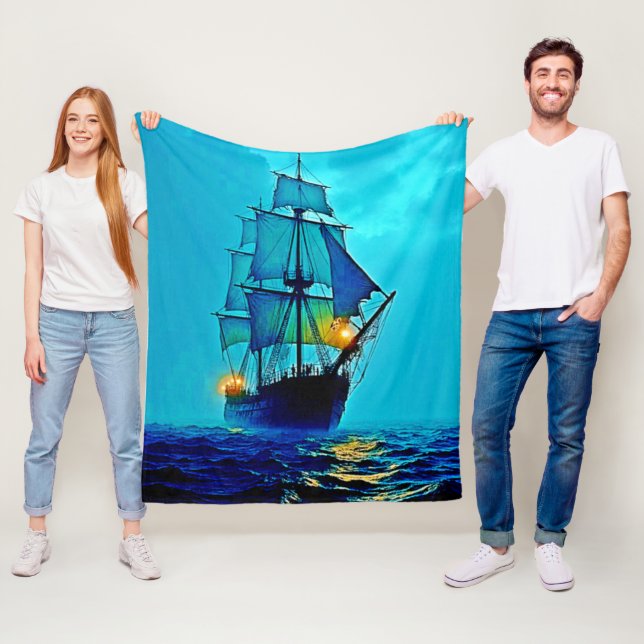 Ghostly Tall Ship Sea Voyage Design Fleece Blanket (In Situ)