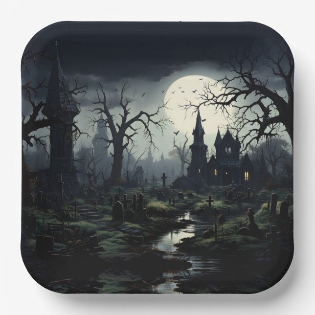 Ghostly Witches Manor Halloween Paper Plate (Front)