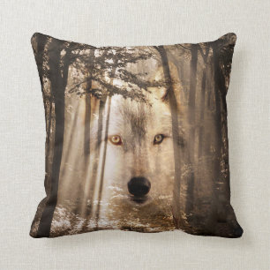 Ghostly wolf face in the woods cushion