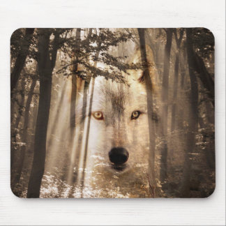 Ghostly wolf in the woods mouse mat