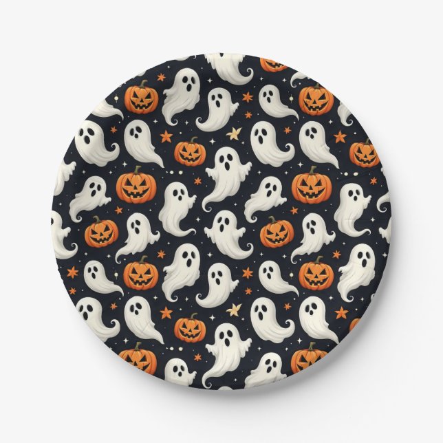 Ghosts and Jack o'Lanterns Halloween Paper Plate (Front)