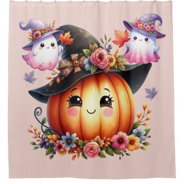 Ghosts and Pumpkin Halloween Design Shower Curtain (Front)
