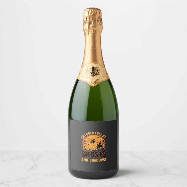 Ghosts and Shadows Halloween Moon Design Sparkling Wine Label (Front)