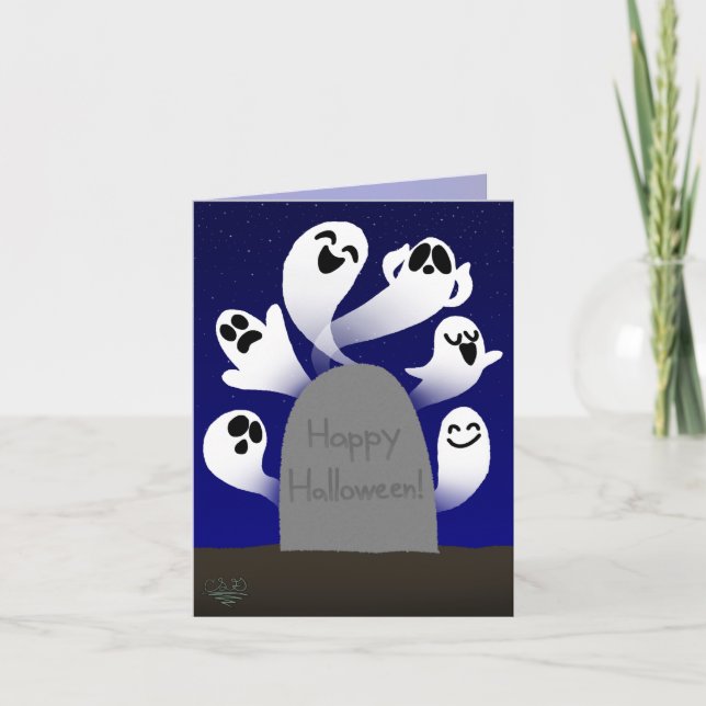 Ghosts Behind Tombstone Halloween Card (Front)