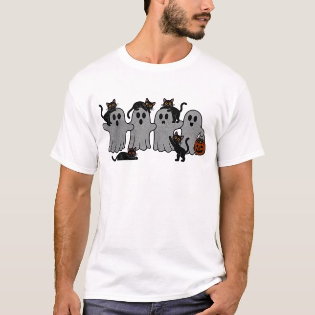 Ghosts & Black Cats Cute Spooky Halloween Lineup T-Shirt (Front)