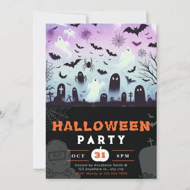 Ghosts Cemetery Bats Spiderwebs Creepy Halloween Invitation (Front)