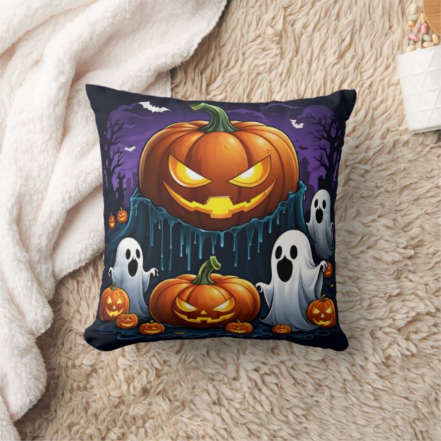Ghosts gather by glowing pumpkins at night cushion (Blanket)