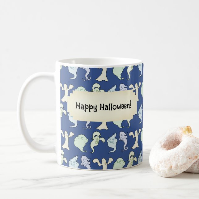 Ghosts Haunted Halloween Pixel Art Pattern Coffee Mug (With Donut)