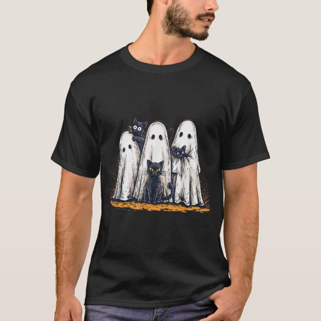 Ghosts Holding Black Cats Halloween Ghost Cat Love T-Shirt (Front)