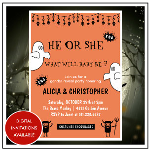 Ghosts Orange October Halloween gender reveal Invitation