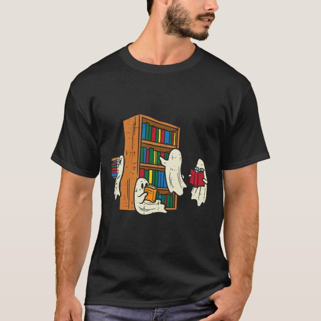 Ghosts Reading Books Teacher Halloween Librarian B T-Shirt (Front)