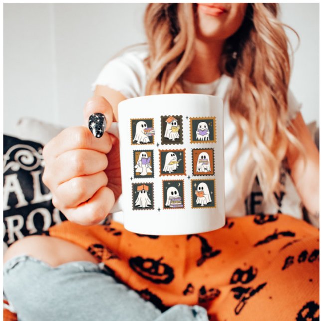 Ghosts Reading Vintage Stamp Halloween Coffee Mug (Creator Uploaded)