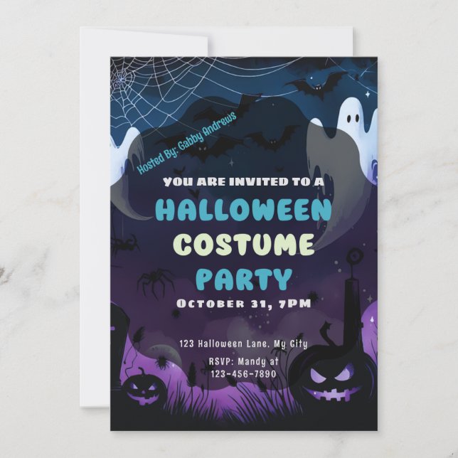 Ghosts Spiderwebs Pumpkins Purple Blue Halloween Invitation (Front)