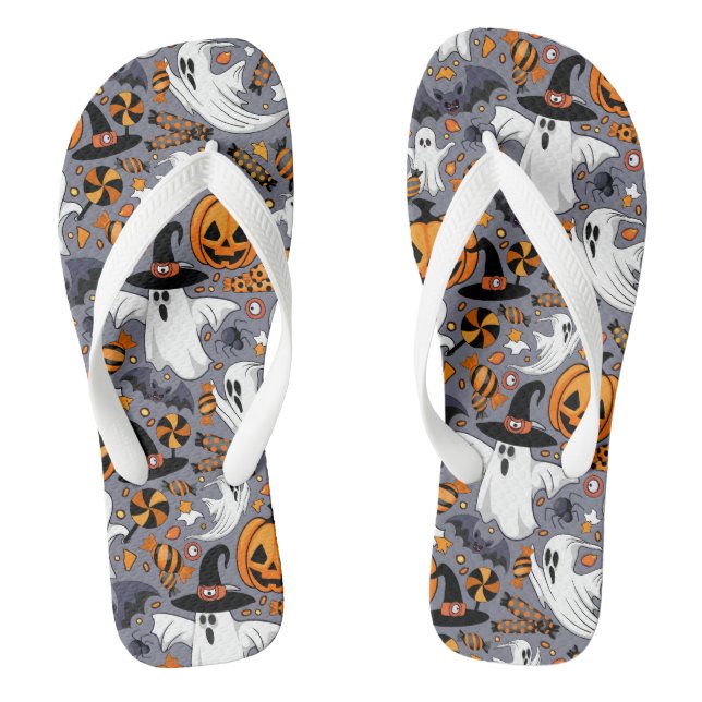 Ghosts Spooky and Creepy Cute Monsters Flip Flops (Footbed)