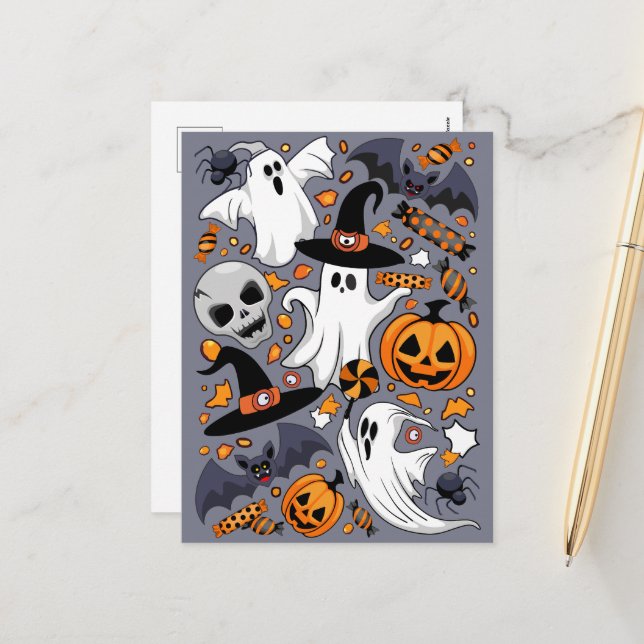 Ghosts Spooky and Creepy Cute Monsters Holiday Postcard (Front/Back In Situ)