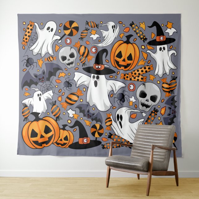 Ghosts Spooky and Creepy Cute Monsters Tapestry (In Situ (Horizontal))