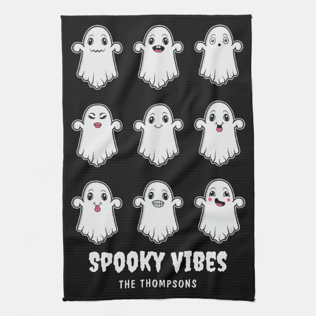 Ghosts With Different Facial Expressions Halloween Tea Towel (Vertical)