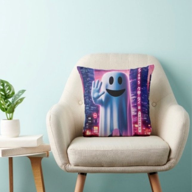 Ghosty Wave & Urban Lights  Cushion (Throw Pillow 100% polyester heavyweight stretch material. Hidden zipper Made in the USA.
)