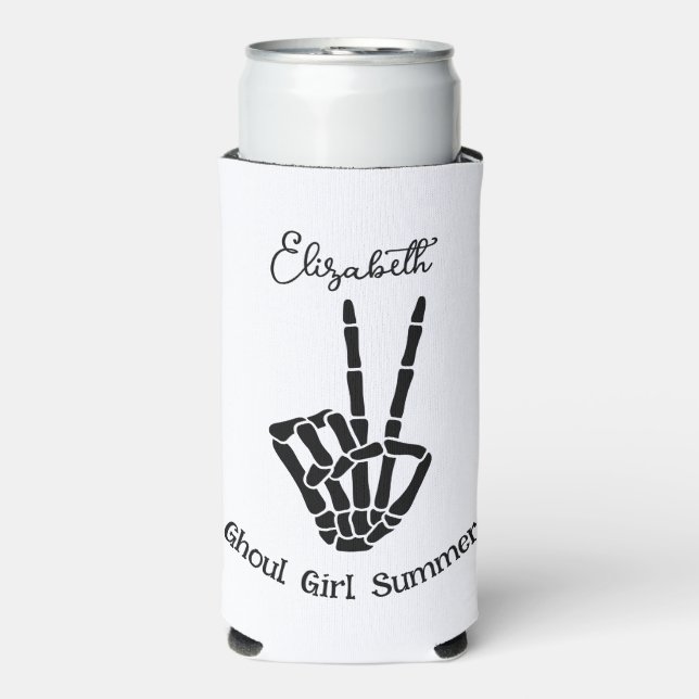 Ghoul Girl Summer Skeleton Peace Sign Personalised Seltzer Can Cooler (Seltzer Front)